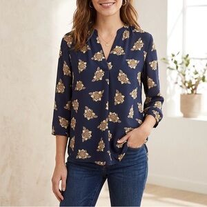 LOFT Blue Tan 3/4 Sleeve Relaxed Blouse